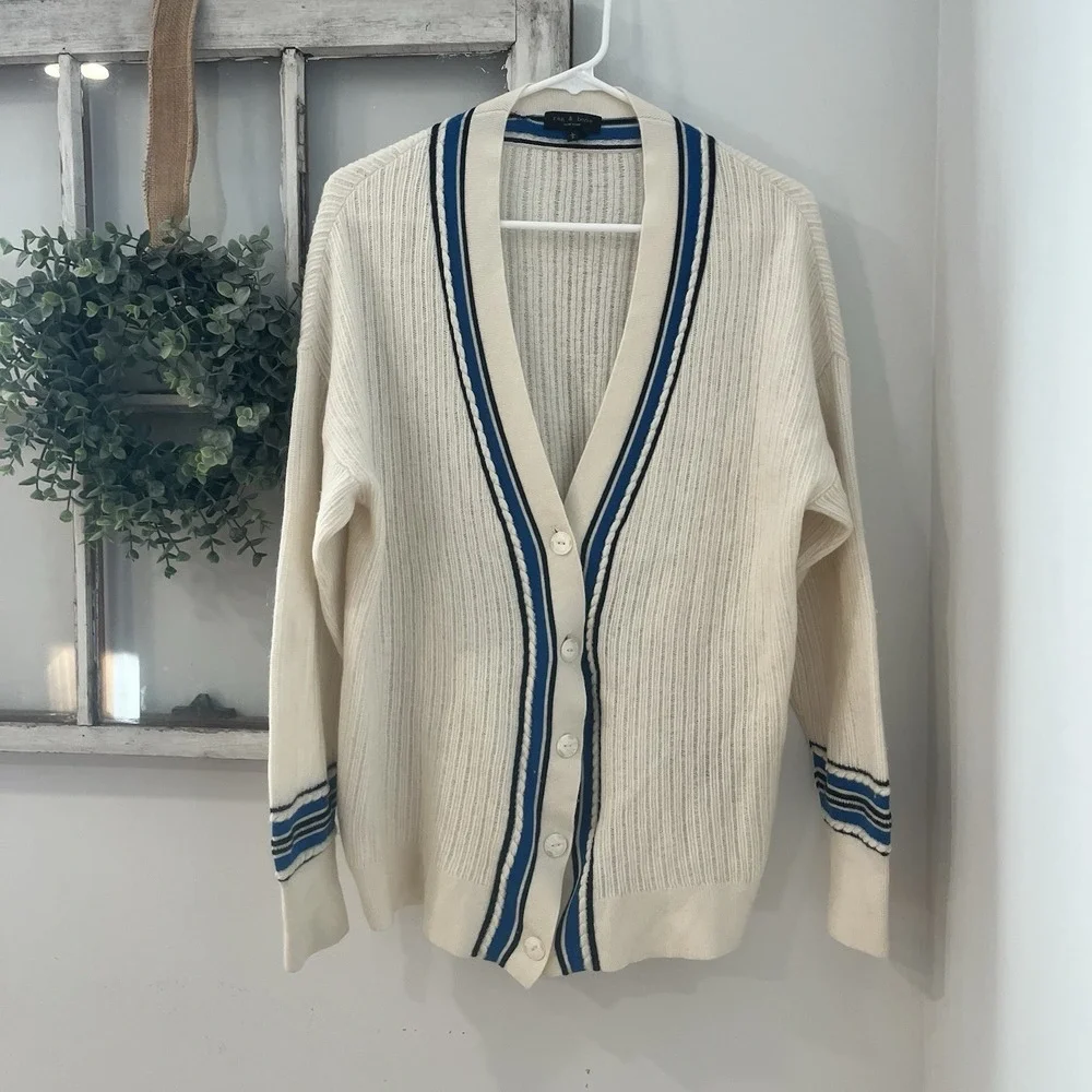 Rag & Bone Chalk White Knit Dianna Merino Wool Blend‎ Cardigan Sz L Read Dscrpt